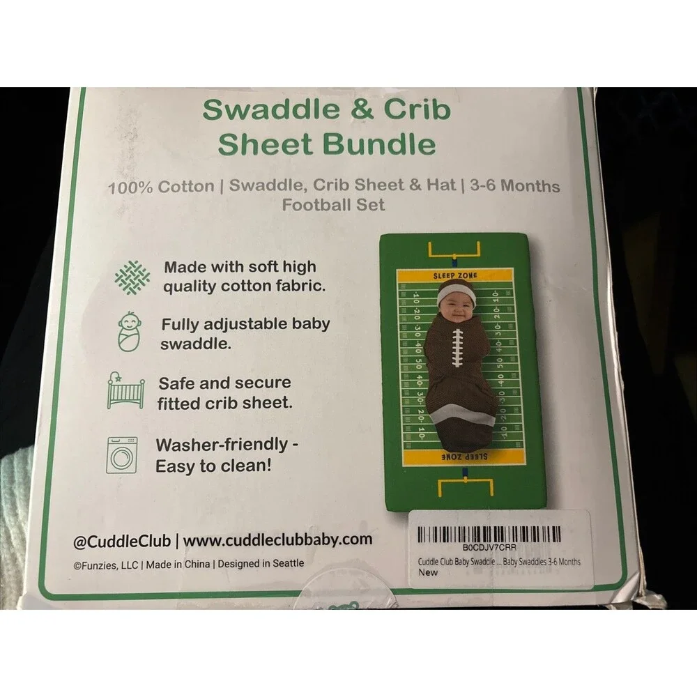 New Cuddle Club Swaddle & Crib Sheet Football Set Size Large 3-6 Mos Gift $40